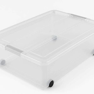 Clear Plastic Underbed Storage Box With Lids Dual Hinged Wheels Plastic Storage Container Bin For Under Bed Sorting